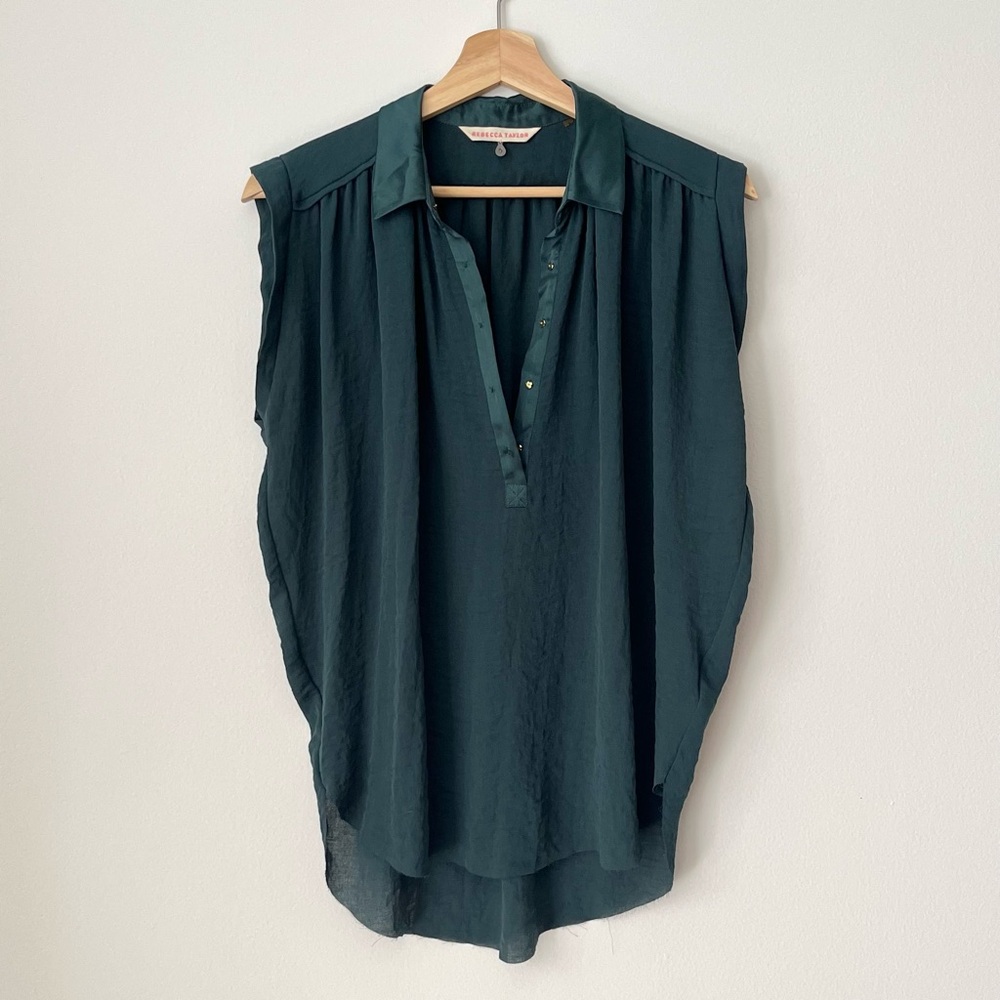 Rebecca Taylor Women's Emerald Green Blouse Size 0 Silk Trim Drapey Minimalist